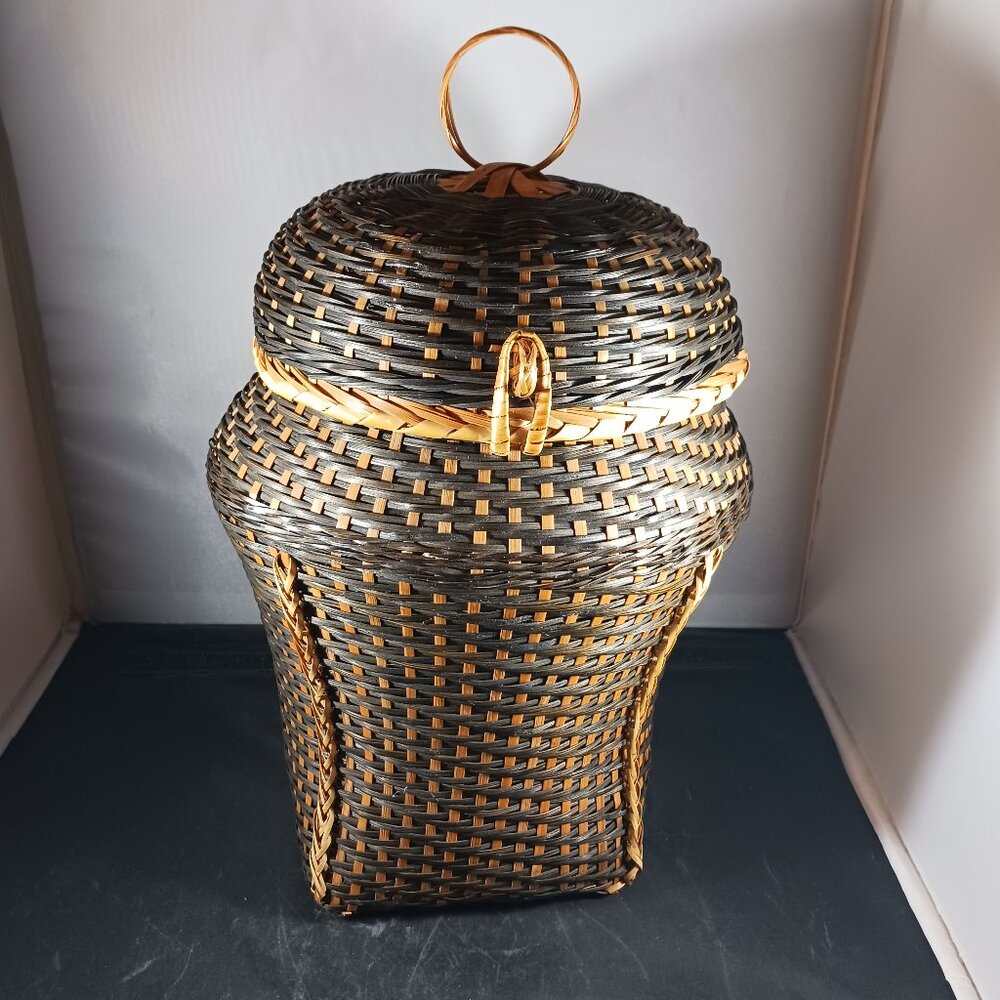 Bohemian Vintage Cottagecore Wicker Handwoven Lidded Basket Multicolor